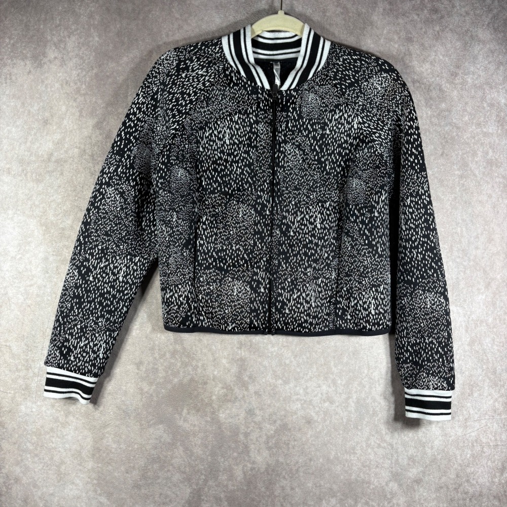 Fabletics Bomber Jacket Womens Sizeโ Small Black White Printed Mesh Back Zip Up